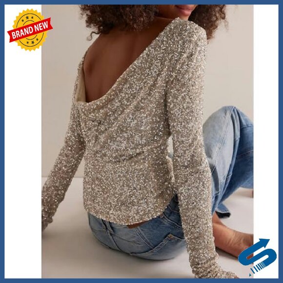 Long Sleeve Sequin Crop Top Back Cowl Neck Sparkly Party Top - Picture 6 of 6